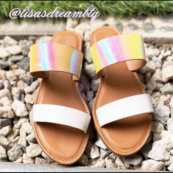 LDB Shoes - Holographic Snake Print Two Strap Summer Slide Sandals